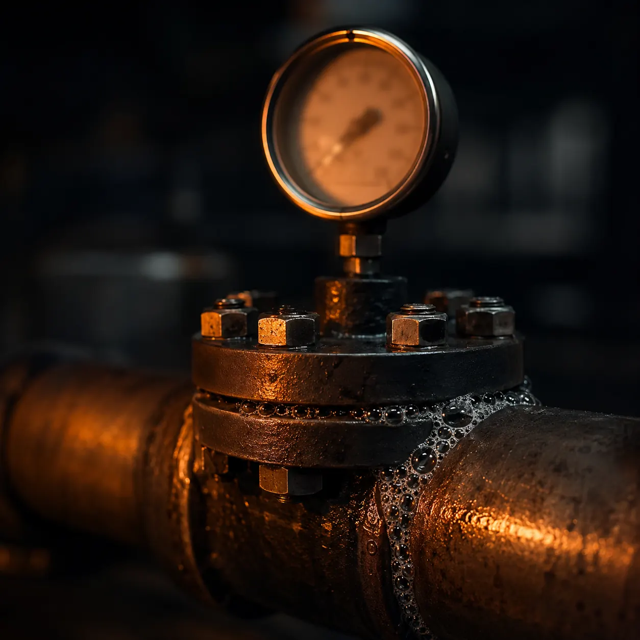 Manômetro em flange de tubulação durante teste de estanqueidade