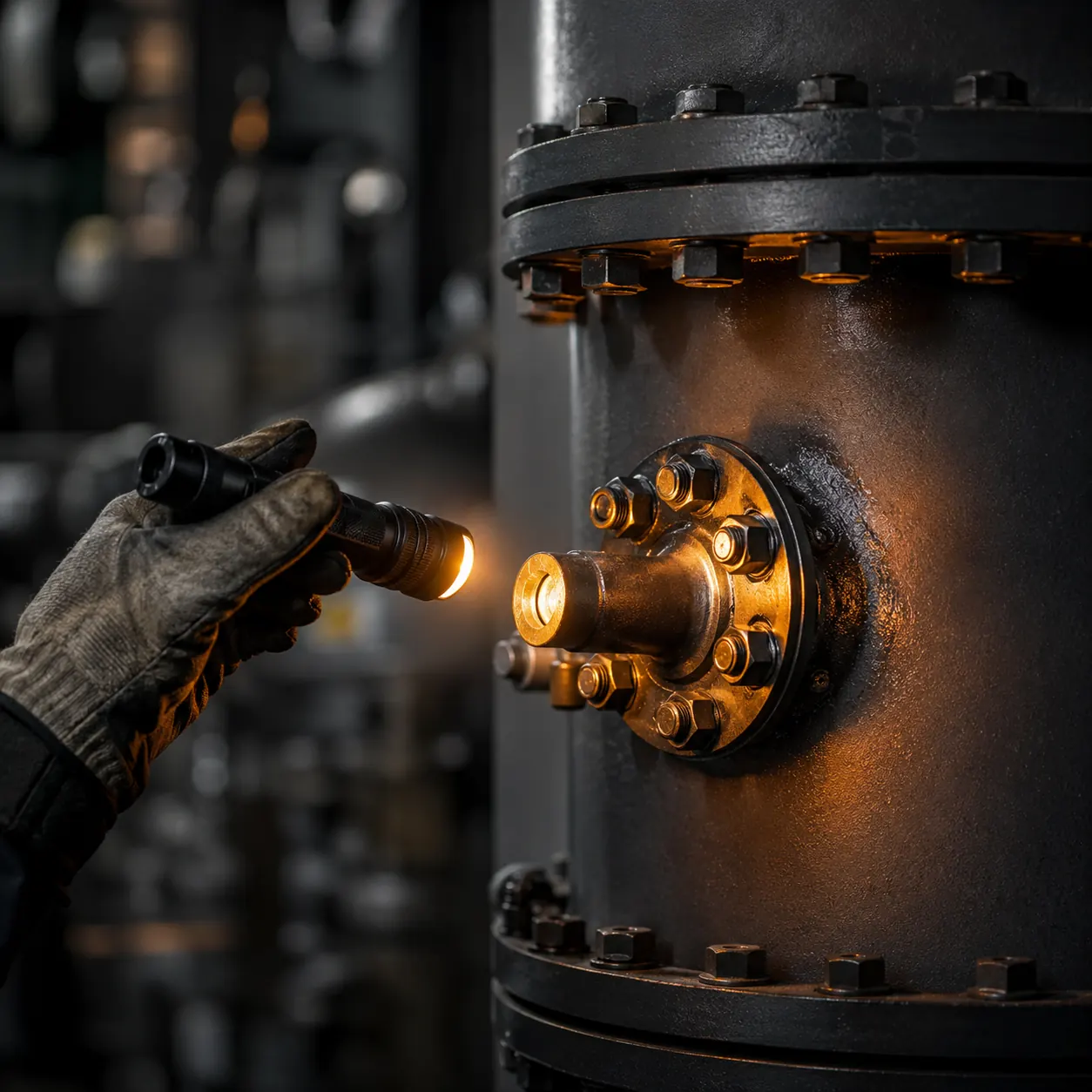 Inspeção visual de flange com lanterna em equipamento industrial