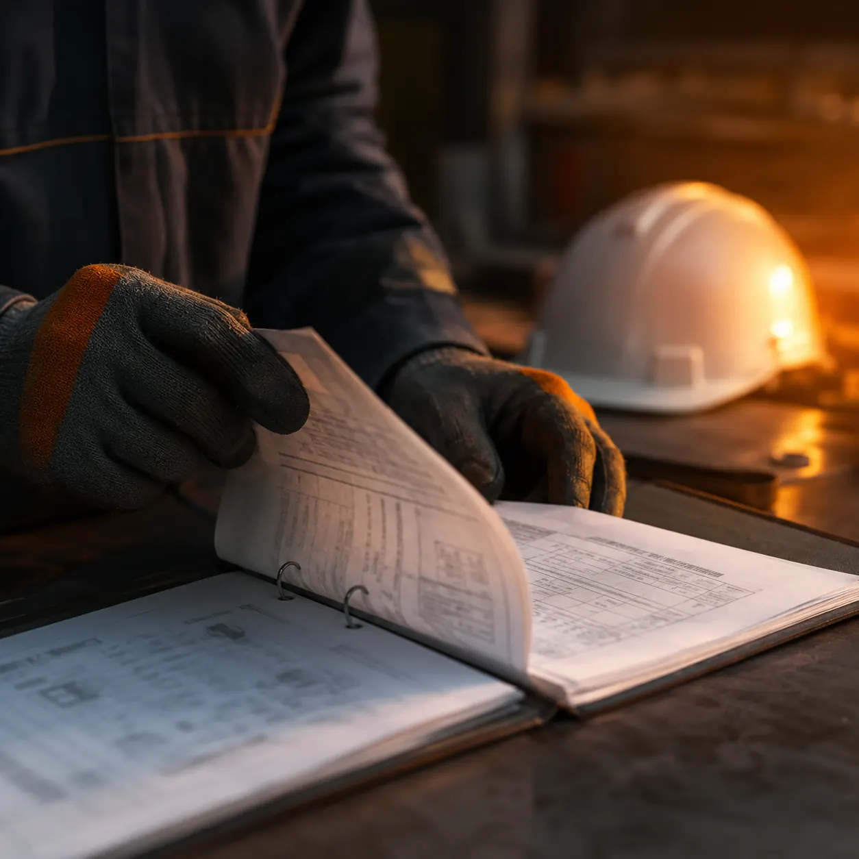 Inspetor folheando data book com registros técnicos